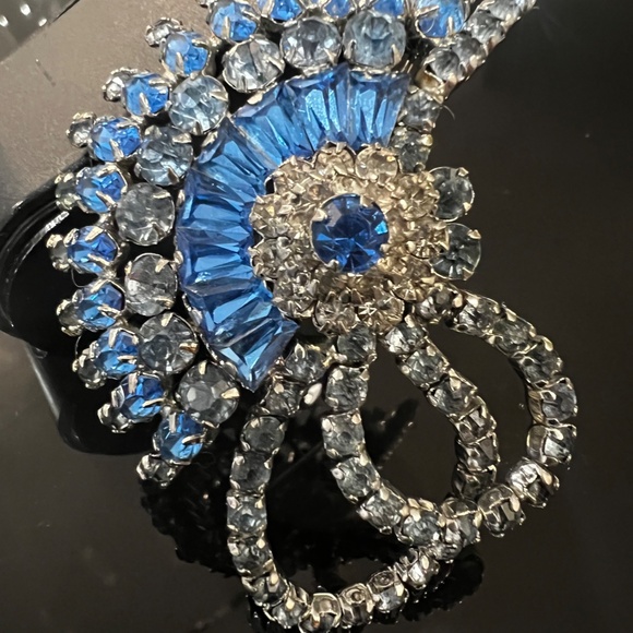 Vintage Rare Early Sherman Brooch Earrings Dome Signed Blue Rhinestones - Picture 9 of 17